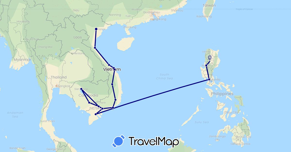 TravelMap itinerary: driving in Cambodia, Philippines, Vietnam (Asia)