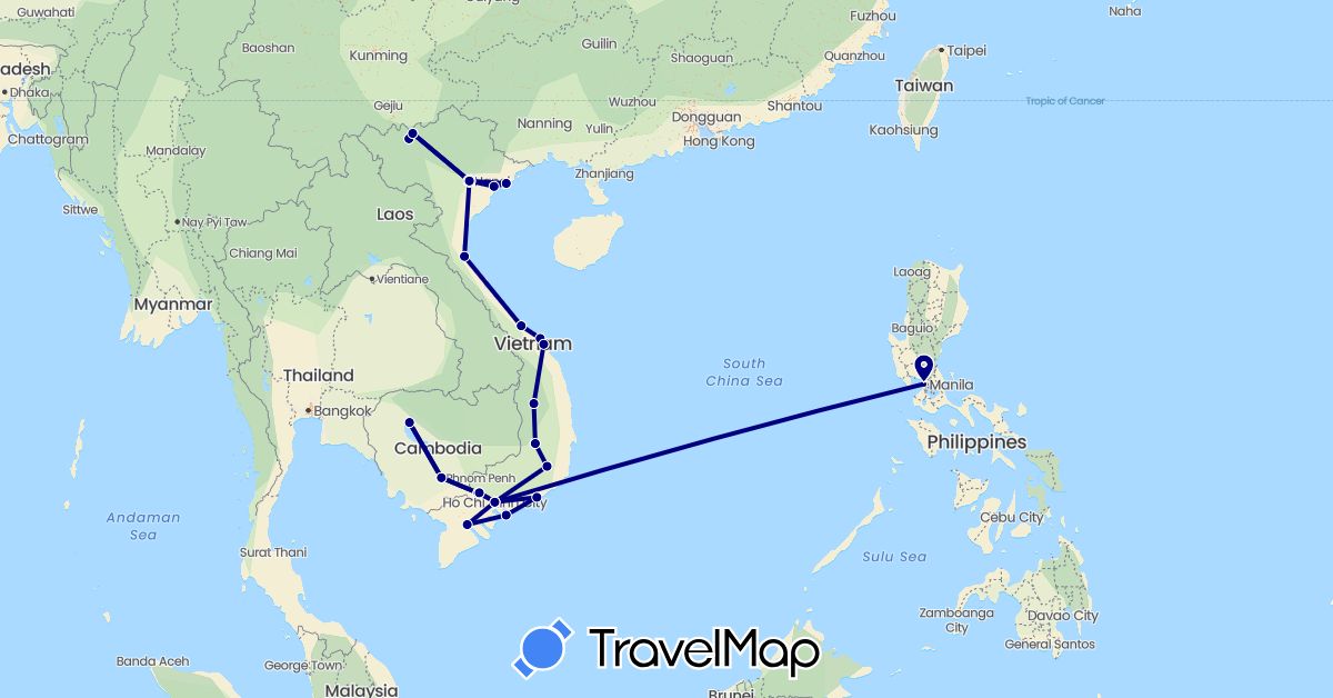 TravelMap itinerary: driving in Cambodia, Philippines, Vietnam (Asia)